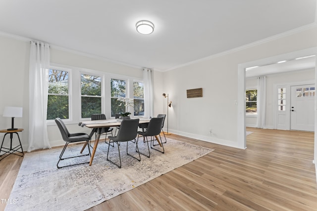 dining space featuring light wood-type flooring, plenty of natural light, and ornamental molding