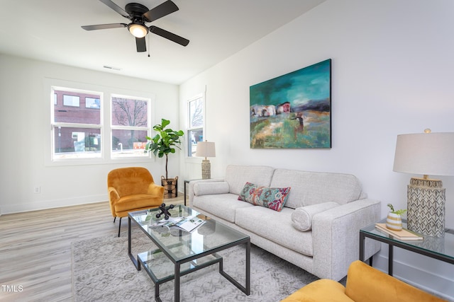 living room with ceiling fan and light wood-type flooring