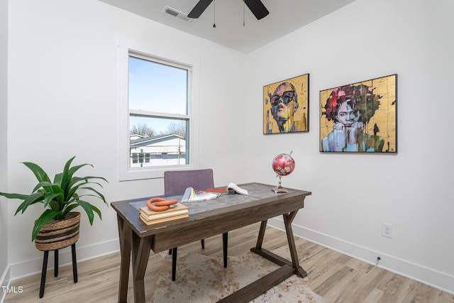 office area featuring ceiling fan and light hardwood / wood-style floors