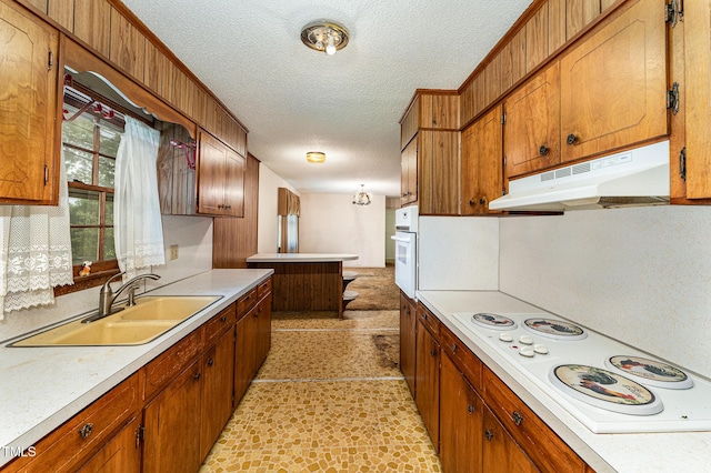 kitchen featuring light countertops, white appliances, a sink, and under cabinet range hood