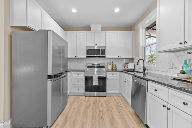 kitchen featuring appliances with stainless steel finishes, sink, white cabinets, decorative backsplash, and dark stone counters