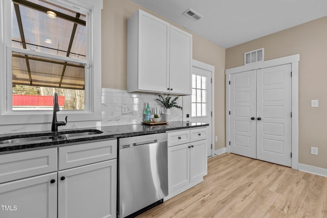 kitchen with white cabinetry, dark stone counters, dishwasher, and sink