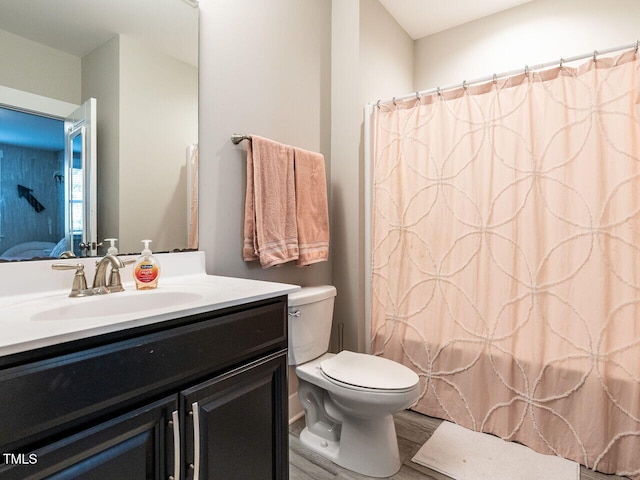 bathroom featuring a shower with curtain, vanity, toilet, and wood-type flooring