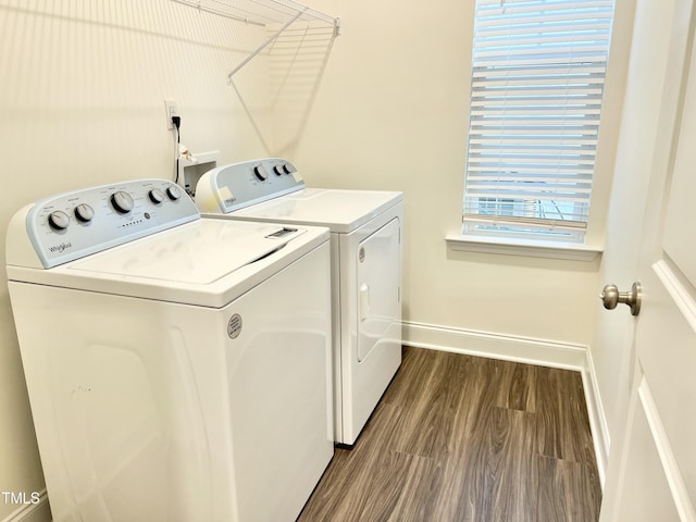 clothes washing area featuring wood-type flooring and independent washer and dryer