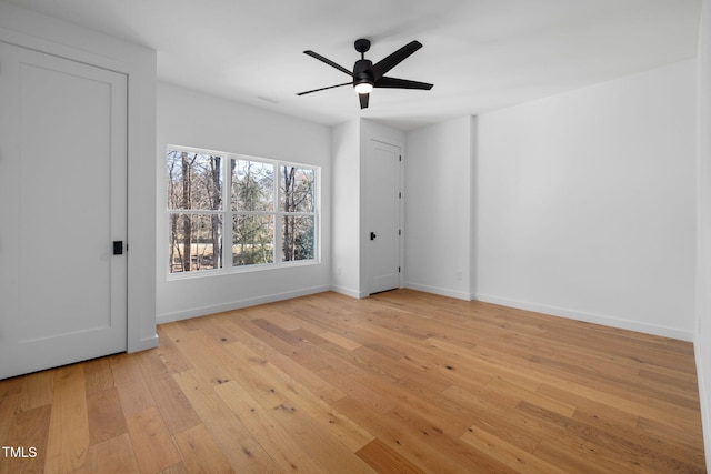 empty room featuring light wood-type flooring and ceiling fan