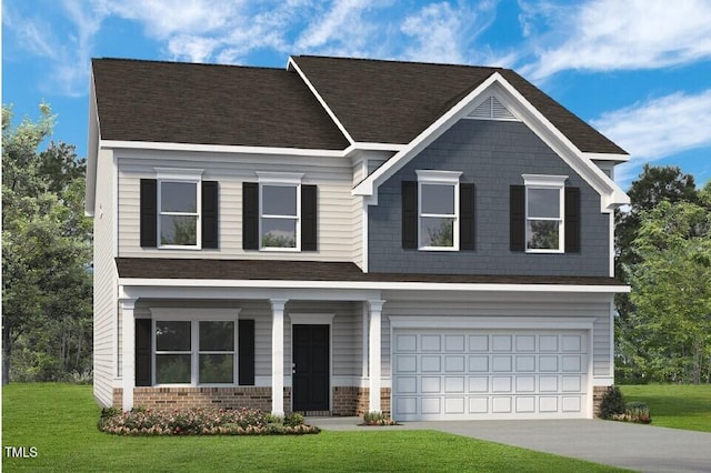 craftsman inspired home featuring a garage and a front lawn