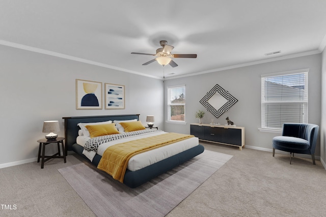 bedroom featuring carpet flooring, ceiling fan, and ornamental molding