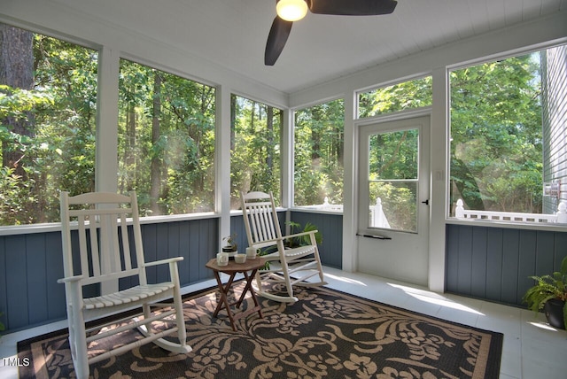 sunroom featuring ceiling fan