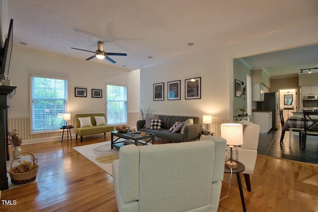 living area featuring ceiling fan, ornamental molding, and wood finished floors