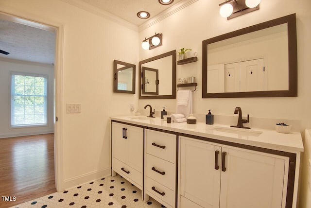 bathroom featuring a sink, baseboards, crown molding, and double vanity