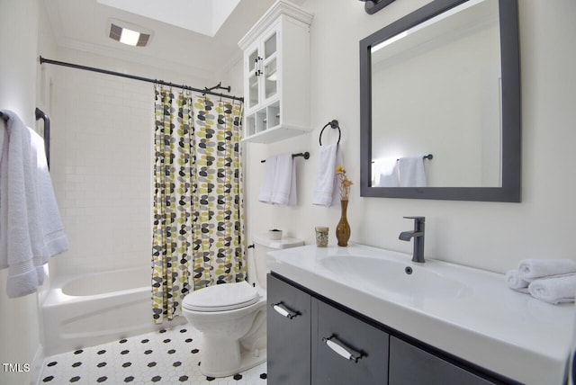 full bathroom with vanity, toilet, tile patterned floors, shower / bathtub combination with curtain, and visible vents