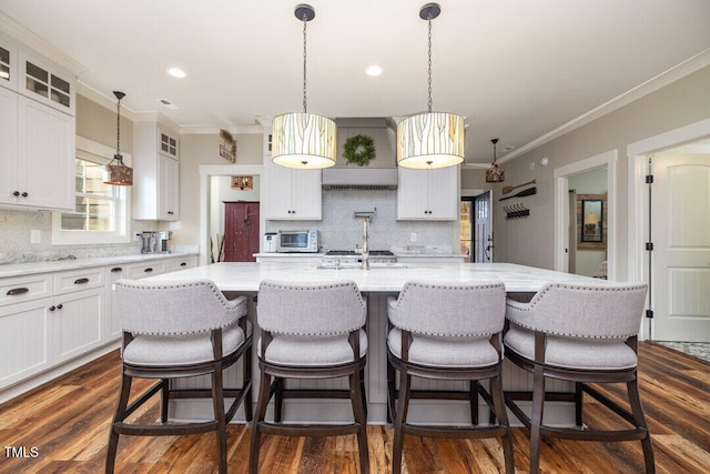 kitchen featuring tasteful backsplash, dark hardwood / wood-style floors, and an island with sink