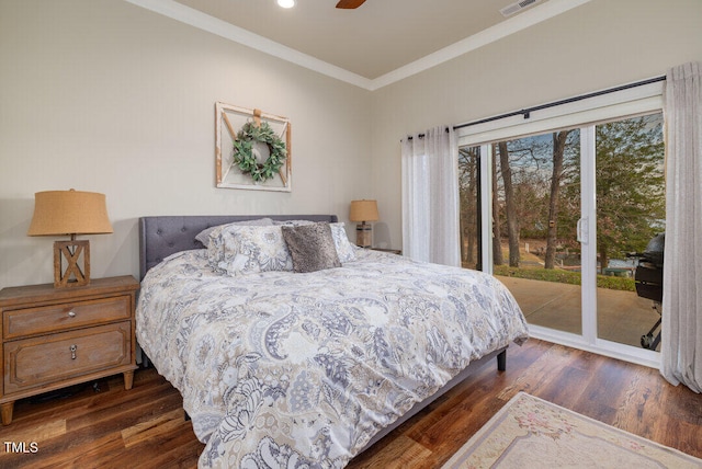 bedroom with access to exterior, dark hardwood / wood-style flooring, ceiling fan, and ornamental molding