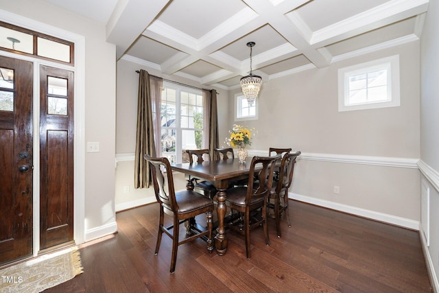 dining room with dark wood-style floors, beam ceiling, an inviting chandelier, coffered ceiling, and baseboards