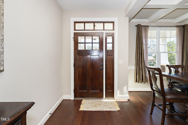 entrance foyer with dark wood-style floors, baseboards, and beamed ceiling