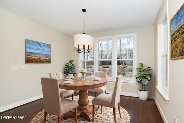 dining room featuring dark wood-type flooring, visible vents, and baseboards