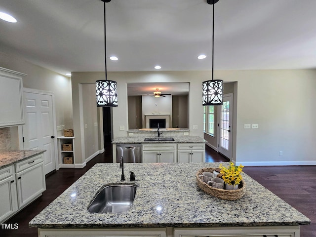 kitchen with white cabinets, dark wood-style floors, a sink, and dishwasher