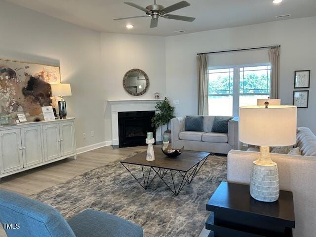 living room with ceiling fan and wood-type flooring