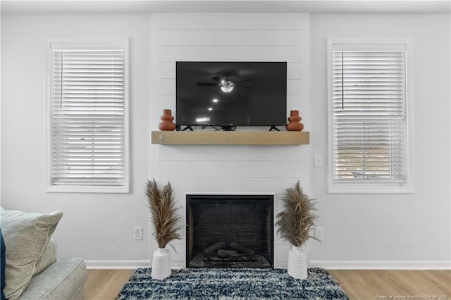 living room featuring a large fireplace, wood finished floors, and baseboards