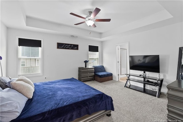 carpeted bedroom featuring multiple windows and a raised ceiling