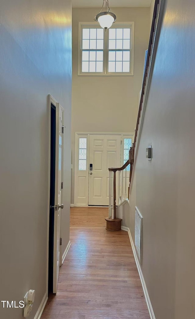 foyer with a high ceiling and light hardwood / wood-style floors