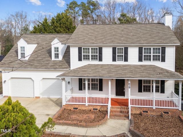 view of front facade with an attached garage, covered porch, driveway, crawl space, and roof with shingles