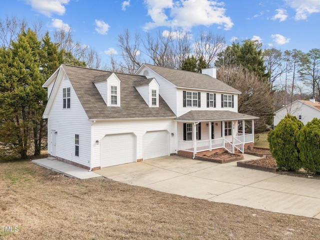 view of front of property featuring a porch, a garage, driveway, roof with shingles, and a front yard