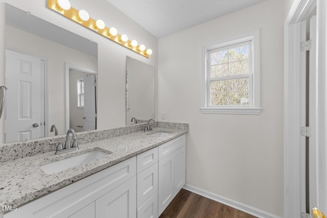 bathroom with double vanity, baseboards, a sink, and wood finished floors