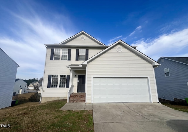 front facade with a garage and a front lawn