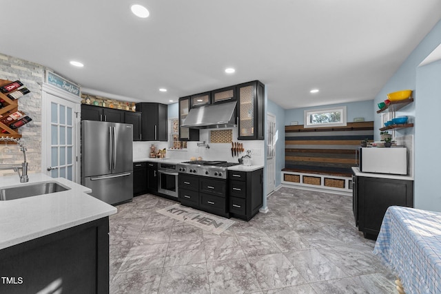 kitchen with stainless steel appliances, dark cabinetry, a sink, and under cabinet range hood