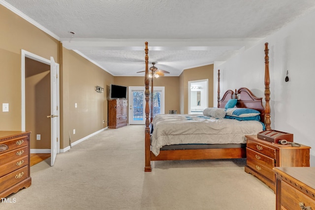 bedroom with light carpet, a textured ceiling, access to outside, ceiling fan, and beamed ceiling