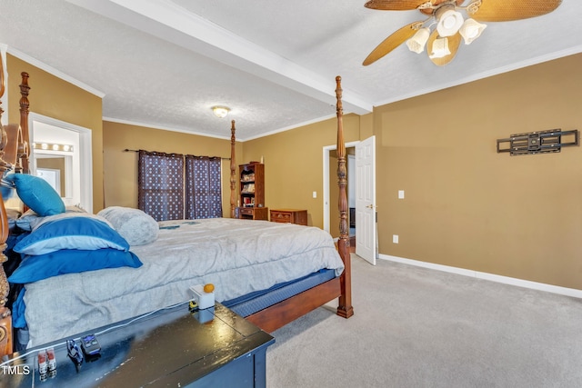 carpeted bedroom featuring ceiling fan, ornamental molding, and a textured ceiling