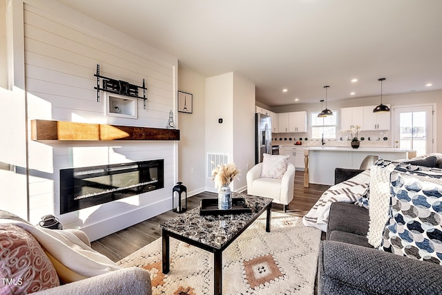 living room with a large fireplace and wood-type flooring