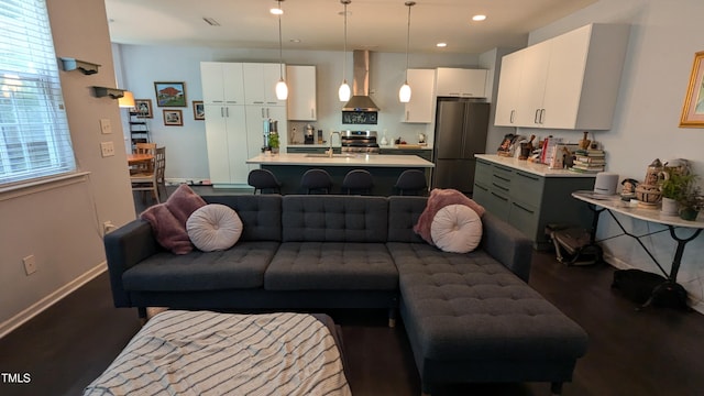 living room featuring dark hardwood / wood-style flooring and sink