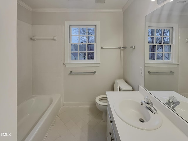 full bathroom with vanity, toilet, ornamental molding, and shower / tub combination