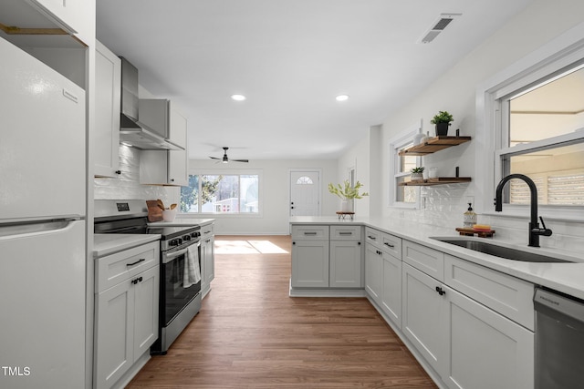 kitchen with wall chimney exhaust hood, sink, hardwood / wood-style flooring, stainless steel appliances, and decorative backsplash