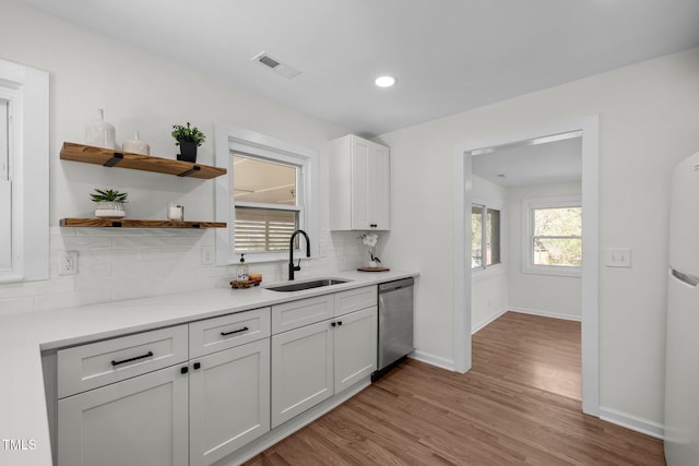 kitchen with sink, stainless steel dishwasher, white cabinets, light hardwood / wood-style floors, and backsplash