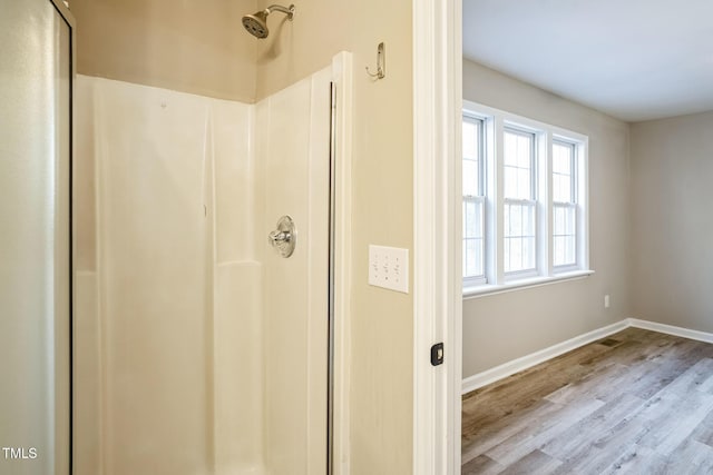 bathroom with a shower and wood-type flooring