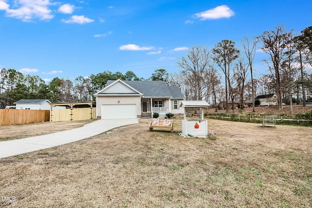 ranch-style house with a porch and a garage