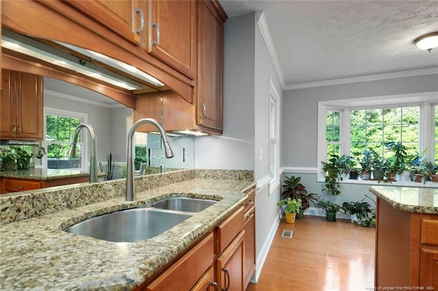 kitchen with crown molding, light stone counters, and sink