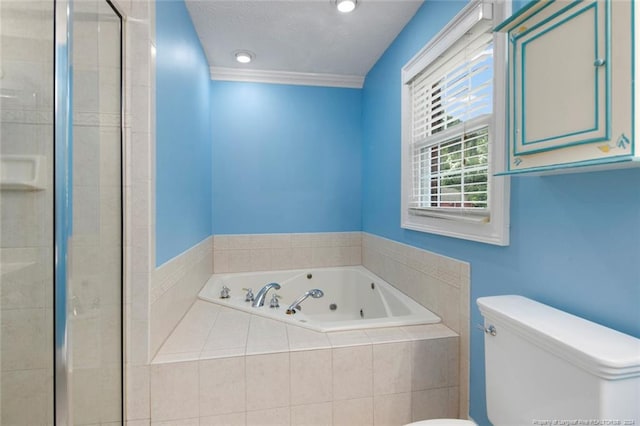 bathroom featuring plus walk in shower, toilet, and crown molding