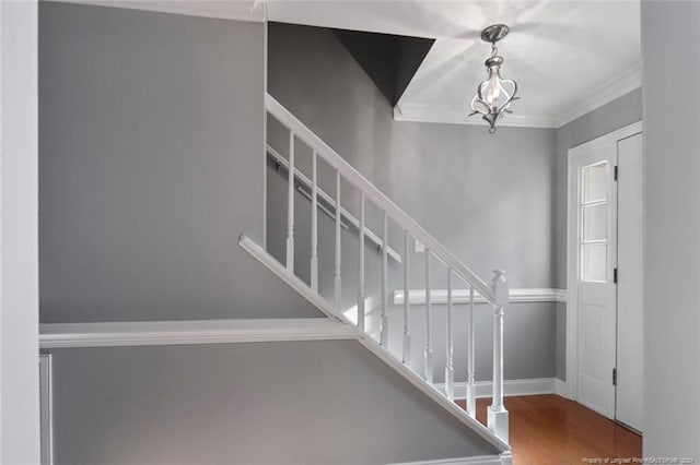 staircase featuring wood-type flooring and crown molding