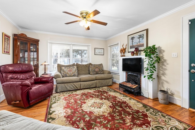 living room featuring light wood-type flooring, ceiling fan, and ornamental molding