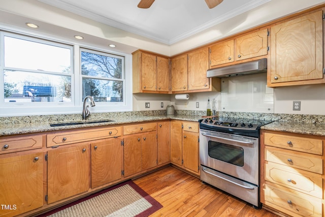 kitchen with stainless steel electric range oven, sink, light stone counters, light hardwood / wood-style floors, and ornamental molding