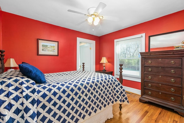 bedroom featuring ceiling fan and light hardwood / wood-style floors