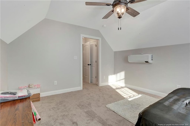 additional living space featuring carpet, a wall unit AC, lofted ceiling, and baseboards