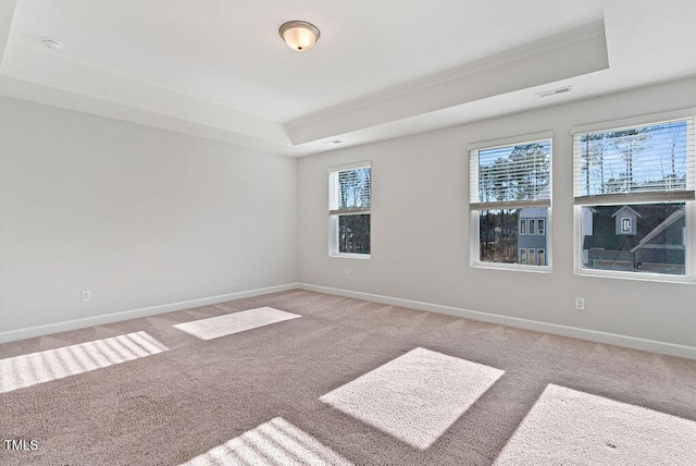 carpeted empty room with a tray ceiling