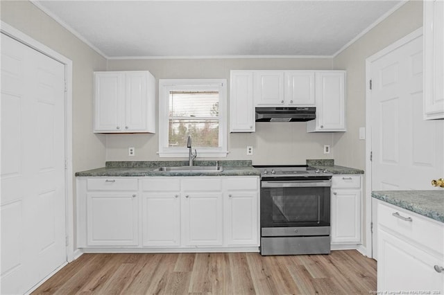 kitchen with white cabinetry, sink, crown molding, stainless steel range with electric stovetop, and light wood-type flooring