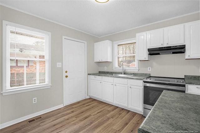 kitchen with stainless steel electric stove, white cabinets, light wood-type flooring, and sink