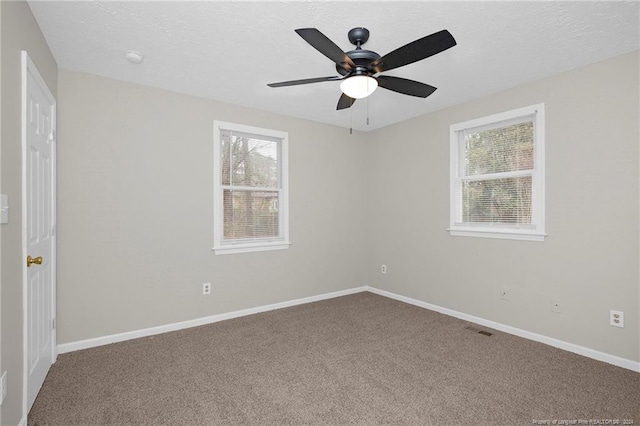 carpeted spare room with ceiling fan, a textured ceiling, and a wealth of natural light